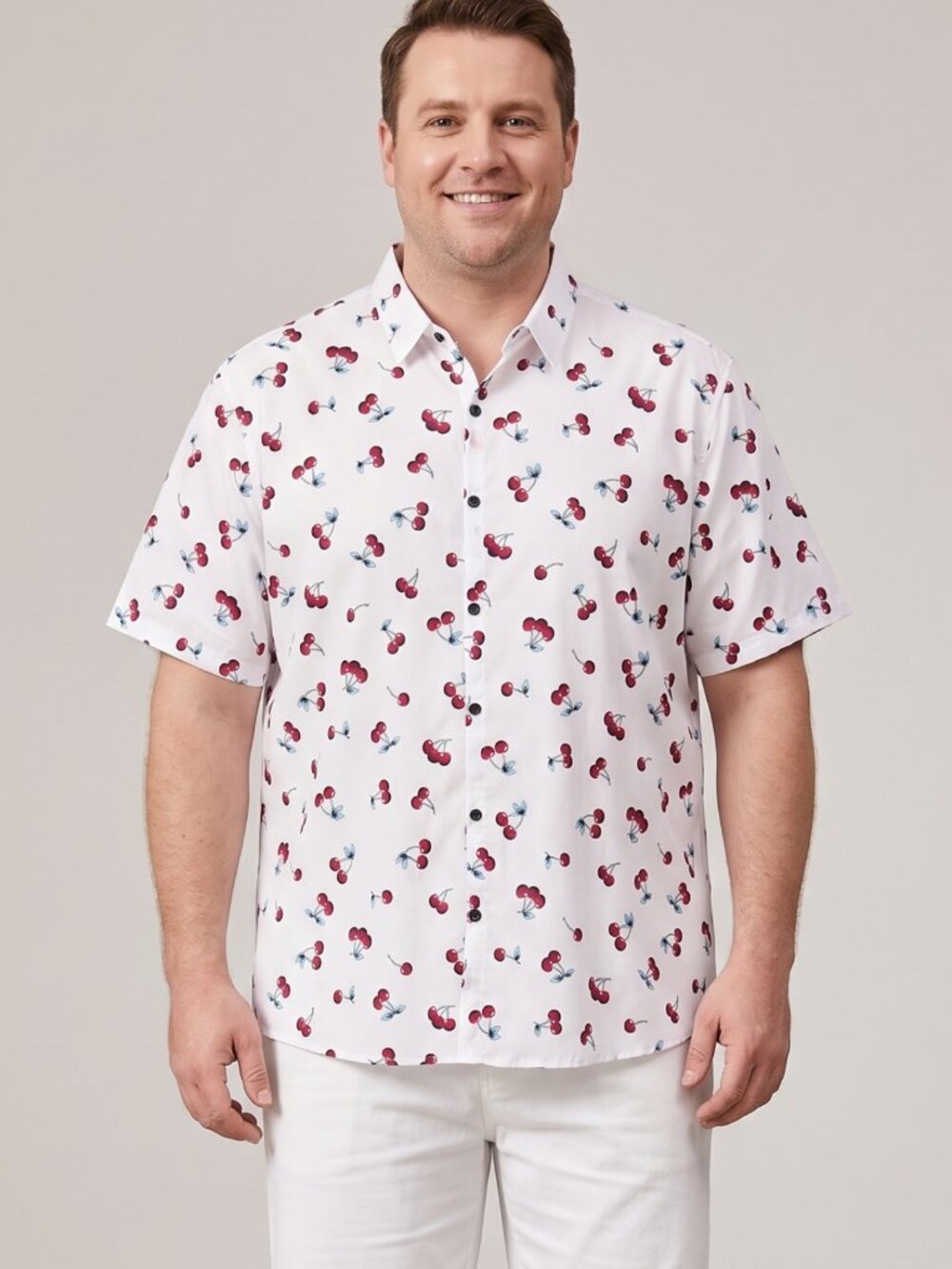 NWT Jogal Mens White Red Cherry Print 100% Cotton Short Sleeve Beach Shirt XXXL